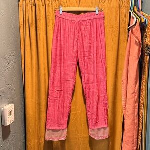 Pink 2000s silk shantung Elastic Waist Capri Pants with Sheer embroidered Hem